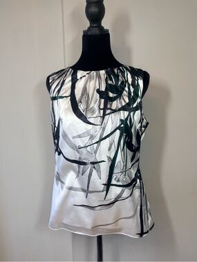 Tahari White Satin Sleeveless Top with Black & Dark Green Brushstroke Print